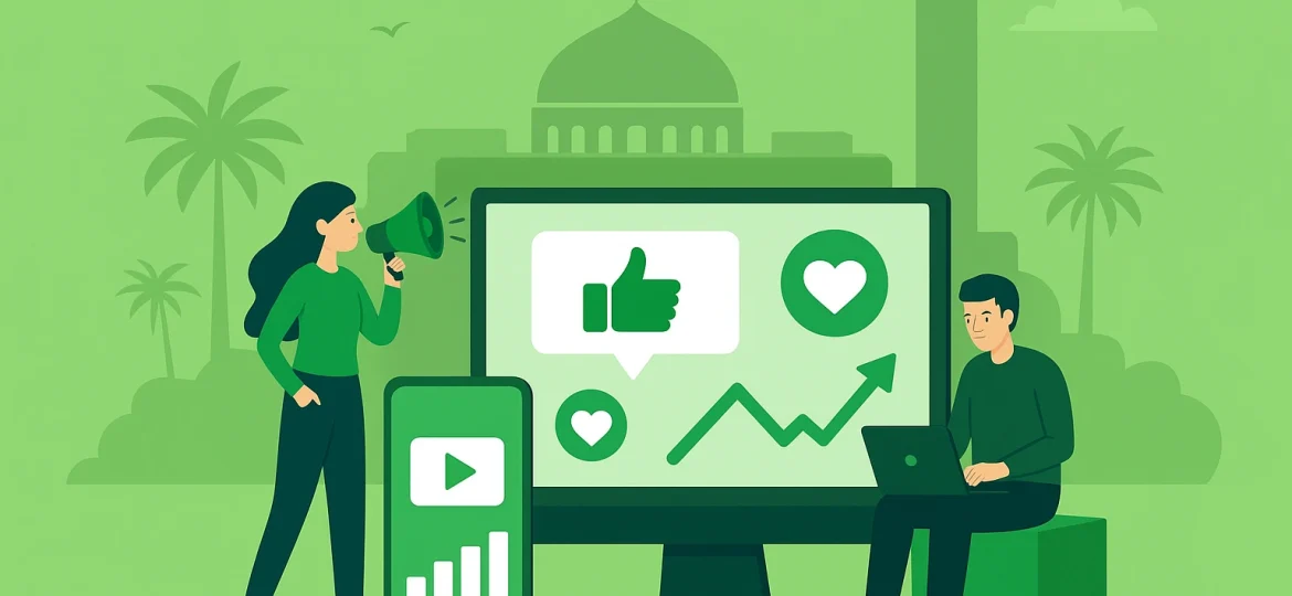 Modern flat-style digital illustration of a marketing agency in Al Ain working on social media strategy, SEO, and advertising with laptops and analytics dashboard.
