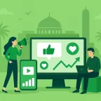 Modern flat-style digital illustration of a marketing agency in Al Ain working on social media strategy, SEO, and advertising with laptops and analytics dashboard.