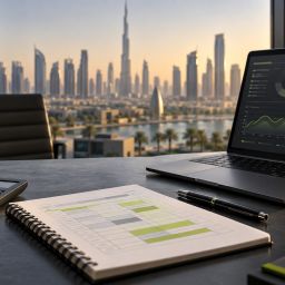 Digital marketing cost UAE planning illustration with a calculator, budget notebook and laptop
