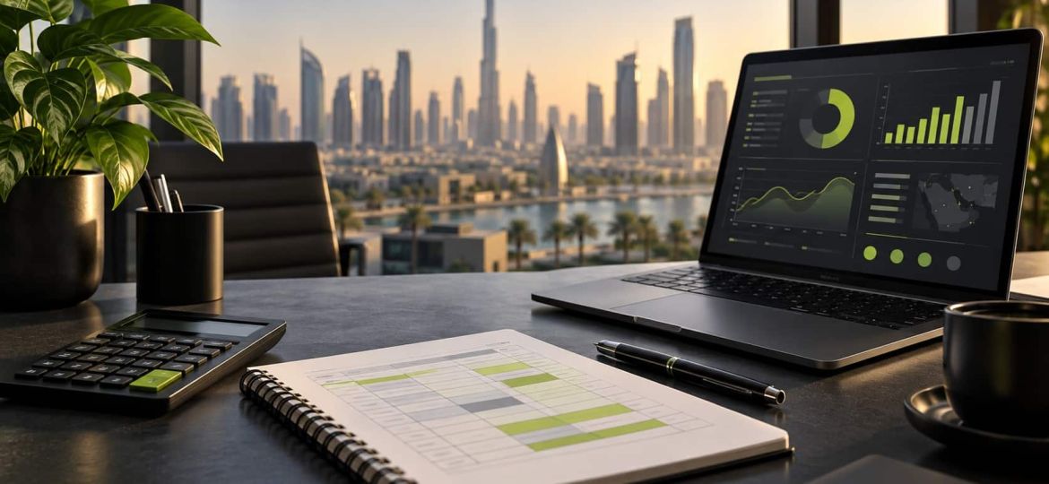 Digital marketing cost UAE planning illustration with a calculator, budget notebook and laptop
