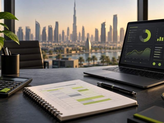 Digital marketing cost UAE planning illustration with a calculator, budget notebook and laptop