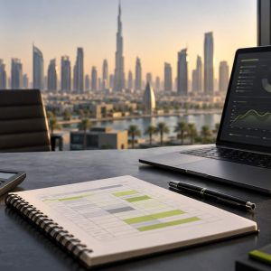 Digital marketing cost UAE planning illustration with a calculator, budget notebook and laptop