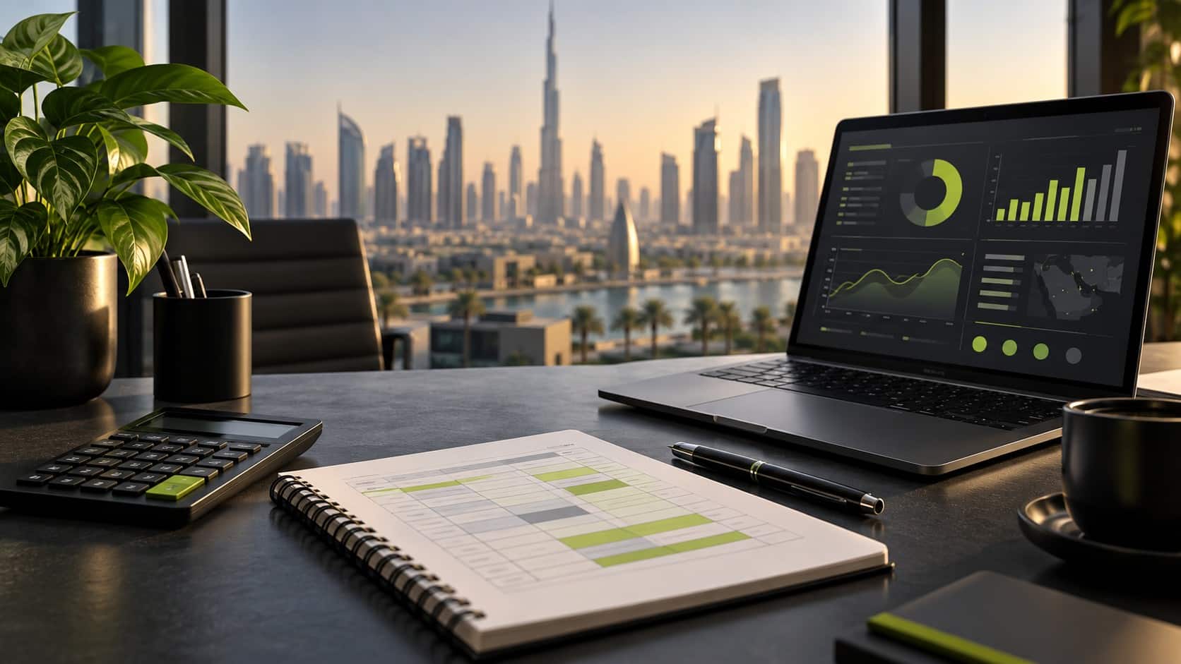 Digital marketing cost UAE planning illustration with a calculator, budget notebook and laptop