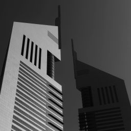 Dubai business towers in black and white