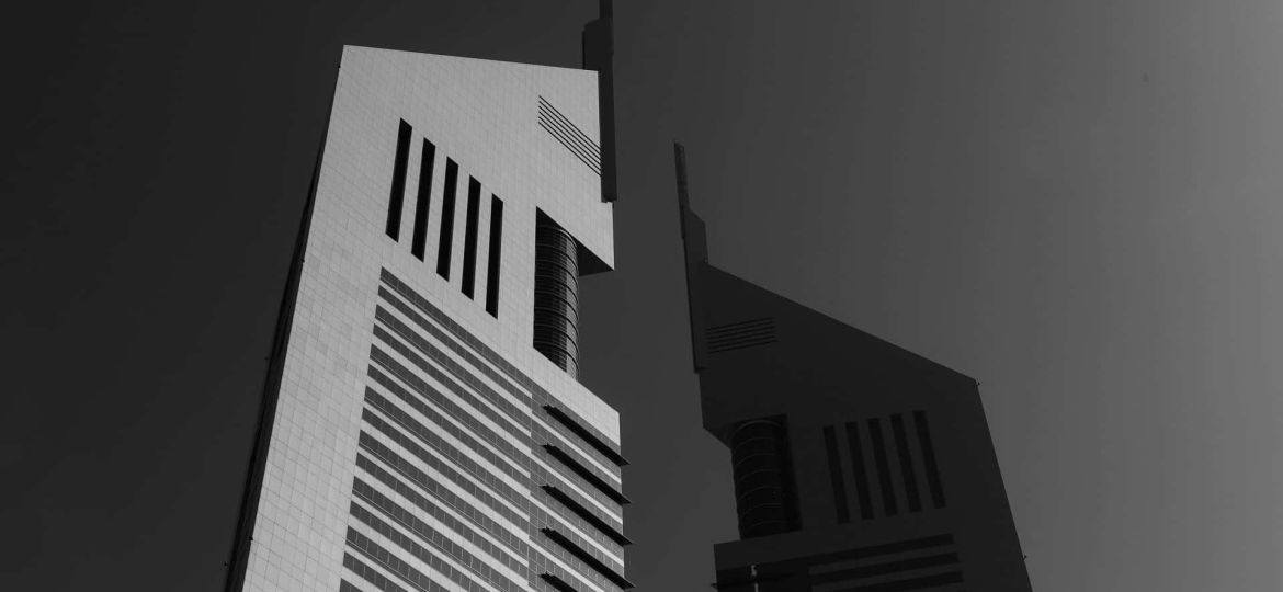 Dubai business towers in black and white