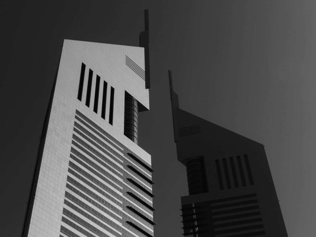 Dubai business towers in black and white